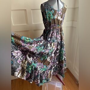 Italian Cotton Floral Maxi Dress with Teal & Purple Blooms Medium